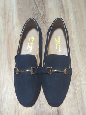 Every Sole Women's Navy Suede Moccasins with Gold Bit